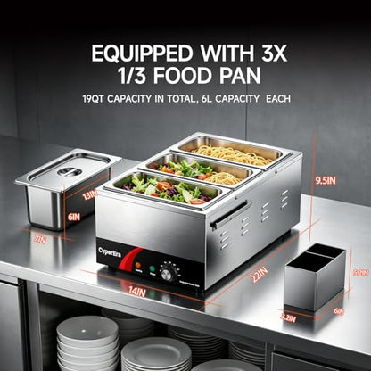 3Pan Commercial Food Warmer, 19QT Buffet Servers and Warmers 1200W