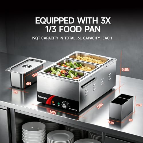 3Pan Commercial Food Warmer, 19QT Buffet Servers and Warmers 1200W