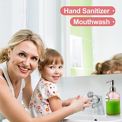 MOCLIF 16OZ Fashion Stripe Clear Glass Refillable Soap Dispenser with 304 Stainless Steel Pump Premium Soap Dispenser， for Kitchen, Bathroom, Hand Sanitizer, Liquid Soap, Lotion, etc. (Clear Pink) - color: Pink