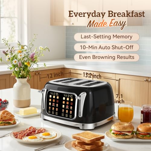 RONGBEST Retro Toaster 4 Slice with Stainless Steel Wide Slot Touch Screen for Family Breakfast, 6 Browning Levels for Bagel & Bread, Reheat & Defrost, Removable Crumb Tray, Jet Black - color: Jet Black