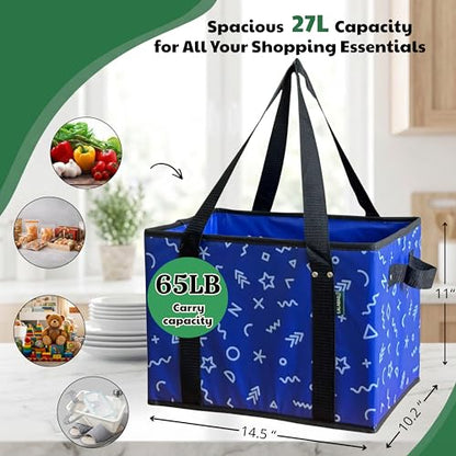 Reusable Grocery Bags (3 Pack) - Heavy Duty Foldable Tote Bags with Long Handles & Hard Bottom - Large Reusable Shopping Bags, Box-Shaped Grocery Totes Hold Up to 65 lbs, Stand Up & Fold Flat - color: Navy Blue