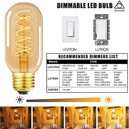 Vintage LED Spiral Filament Bulb T14, E26 Base, 4W Equivalent, 40W Warm White, 2200K, Dimmable, AC120V, 400LM, Amber Glass, Pack of 4 - style: 4.33in(110mm)