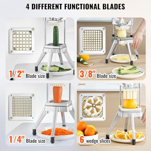 VEVOR Commercial Vegetable Fruit Chopper, Stainless Steel French Fry Cutter w/ 4 Blades 1/4" 3/8" 1/2", Vegetable Chopper Dicer w/Stainless Bowl, Heavy Duty Cutter for Potato Tomato Onion Mushroom - size: 1/4" + 3/8" + 1/2" + 6-Wedge Slicer