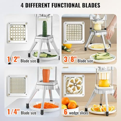 VEVOR Commercial Vegetable Fruit Chopper, Stainless Steel French Fry Cutter w/ 4 Blades 1/4" 3/8" 1/2", Vegetable Chopper Dicer w/Stainless Bowl, Heavy Duty Cutter for Potato Tomato Onion Mushroom - size: 1/4" + 3/8" + 1/2" + 6-Wedge Slicer