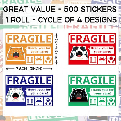 Funny Fragile Stickers for Shipping 3x2 Inch, 500 Pcs Cry Meme Design, Thank You Do Not Drop - Strong Adhesive Warning Labels for Moving Boxes, Packaging, Mailers, Cartons & Fragile Items (1 Roll) - style: Cat Cry Meme