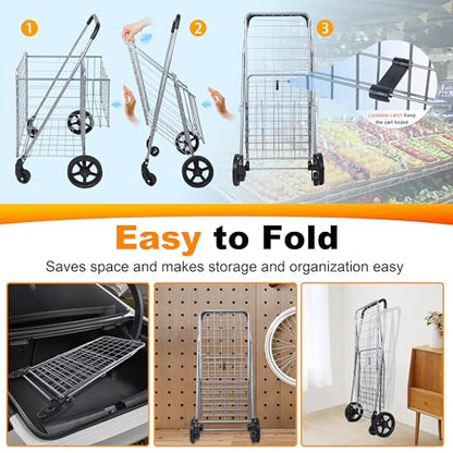 Whitmor Utility Folding Shopping Cart, 115L Heavy Duty Grocery Cart with Double Basket, 360° Swivel Wheels, Foldable Rolling Utility Trolley, 110 Lbs Capacity for Grocery, Laundry, Travel, Sliver - size: 21.29"L x 21.65"W x 36.2"H, Sliver