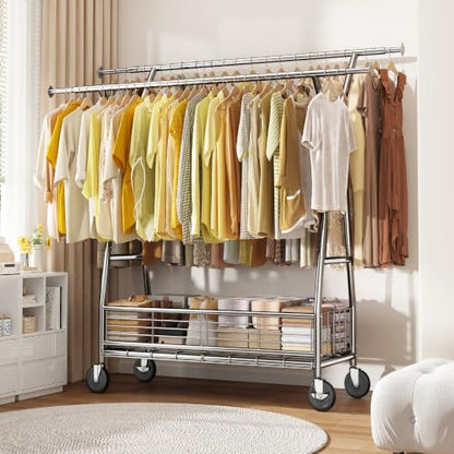 Raybee 630LBS Rolling Clothes Rack, Extendable 42-65" W Clothing Rack - color: Chrome, style: Double Rods