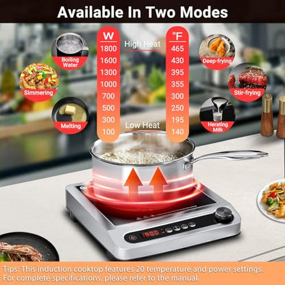 AMZCHEF Commercial Induction Cooktop, 1800W Countertop Burner with 18 Power&Temperature Setting, Double IGBT, Timer, Safety Function, Stainless steel Electric Hot Plate for Restaurant, Kitchen, Hotel