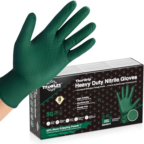 TitanFlex Heavy Duty Industrial Nitrile Gloves with Raised Diamond Texture, 8-mil, Latex Free (Green/Dark Green/Yellow) - color: Dark Green (50ct), size: Small