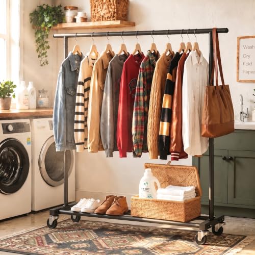 Calmootey Rolling Garment Rack, Sturdy Clothes Organizer for Bedroom - color: Black, style: Single Rod