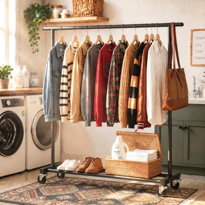 Calmootey Rolling Garment Rack, Sturdy Clothes Organizer for Bedroom - color: Black, style: Single Rod