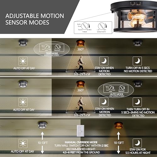 Flush Mount Outdoor Ceiling Light with Motion Sensor, Front Porch Light Ceiling Mount, Adjustable Sensor 2-Light Black Ceiling Light Fixture with Clear Glass, for Patio, House - color: Clear