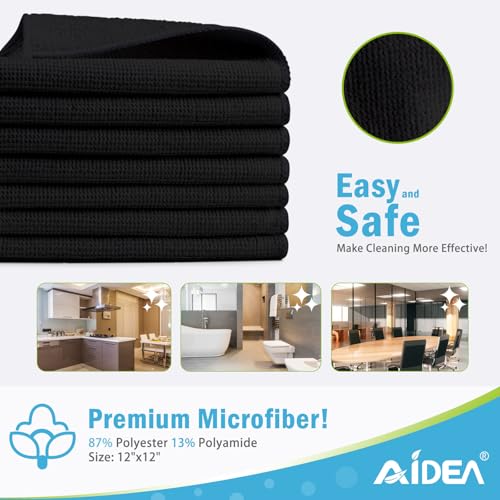 AIDEA Black Microfiber Cleaning Cloth-150PK, Cleaning Rags 12"x12" - color: Black, size: 12in.x12in.