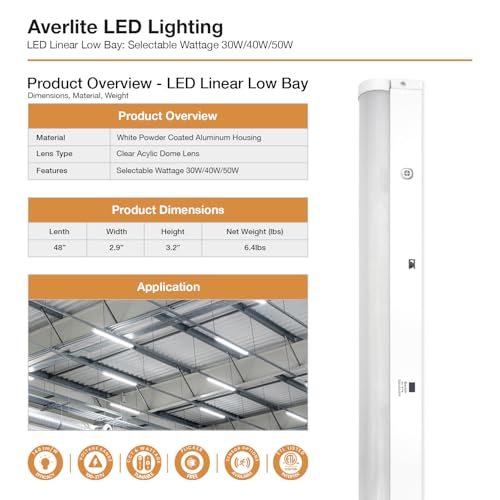 10-Pack 4FT LED Linear Low Bay Light Selectable Wattage (30W/40W/50W), 5000K Daylight White, Linkable Commercial LED Shop Lights for Warehouse, Garage & Office ES418592