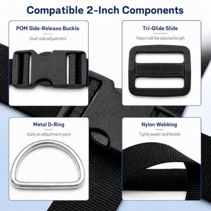 2 Inch Straps and Buckles Set, 12 Yards Nylon Webbing Strap, 12 Pack Release Buckles, 24 Tri-Glide Slide Clips, 12 Pack Metal D-Rings MaHeavy Duty Adjustable Quick Snap Fasteners, No Sewing Required - size: 2" 12 Pcs Buckle Set