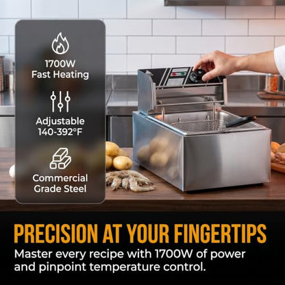 6.3QT Electric Deep Fryer with Basket, 1700W 316 Stainless Steel Commercial Deep Fryer, Adjustable Temperature Control 140°F-392°F, Countertop Deep Fryer with Lid, Oil Fryer for Home Kitchen