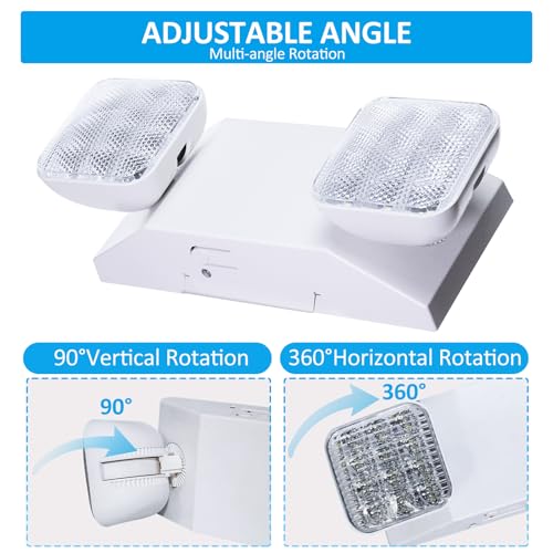 Indoor Emergency Lights with Battery Backup (90 Minutes), 2 Adjustable LED Heads of Power Outage, Wall Mount, Hard Wired, Test Switch and Charge Indicator 120-277V, Fire Resistant (UL 94V-0) 4 Pack.