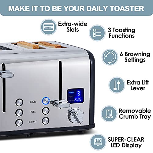 CUSIMAX 4 Slice Stainless Steel Toaster with Digital Display, Black - color: Black Stainless Steel, size: 4 Slice