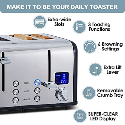 CUSIMAX 4 Slice Stainless Steel Toaster with Digital Display, Black - color: Black Stainless Steel, size: 4 Slice