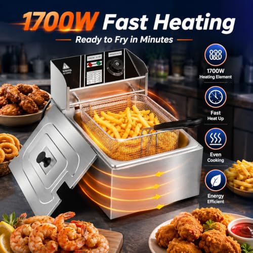 6.3QT Electric Deep Fryer with Basket, 1700W 316 Stainless Steel Commercial Deep Fryer, Adjustable Temperature Control 140°F-392°F, Countertop Deep Fryer with Lid, Oil Fryer for Home Kitchen