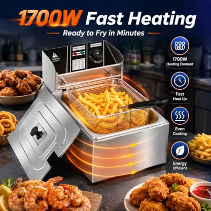 6.3QT Electric Deep Fryer with Basket, 1700W 316 Stainless Steel Commercial Deep Fryer, Adjustable Temperature Control 140°F-392°F, Countertop Deep Fryer with Lid, Oil Fryer for Home Kitchen