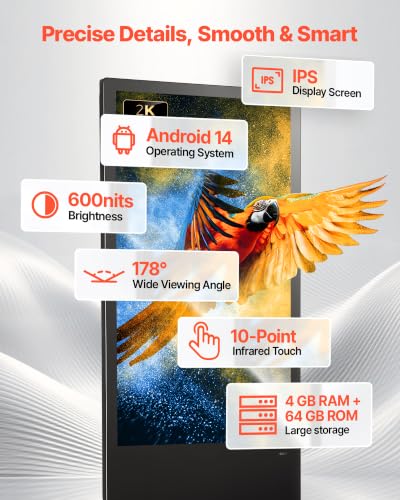 VEVOR 43 in Indoor Digital Signage Floor Standing Advertising Display Kiosk, WiFi HDMI/USB Input Android OS, 178° Wide View, LCD Touchscreen Interactive Monitor, Mobile Commercial Totem Poster - size: 43"-Touchscreen