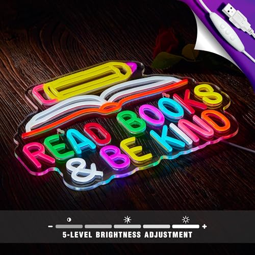 Read Books and Be Kind Neon Sign Pencil Book Neon Light Student LED Neon Light Colorful Neon Light Up Signs for Classroom Bookstore Library Museum Study Room - color: Yellow Pink
