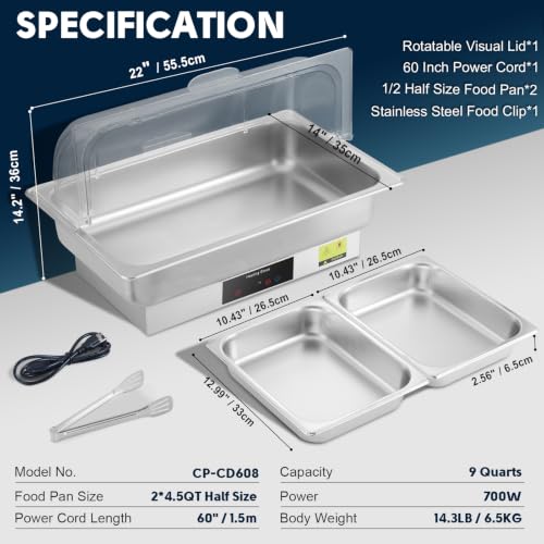 Electric Buffet Food Warmer with Touch Control, 2 * 4.5QT Half Size Stainless Steel Chafing Dish with Roll Top Lid for Catering and Events - size: 608-Dual Pan