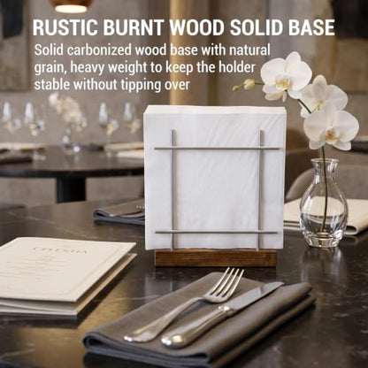 MyGift Upright Napkin Holder, Silver-Tone Metal with Burnt Brown Wood Base - color: Silver / Brown