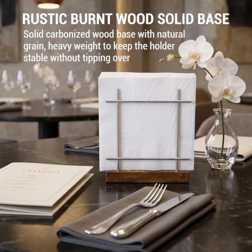 MyGift Upright Napkin Holder, Silver-Tone Metal with Burnt Brown Wood Base - color: Silver / Brown