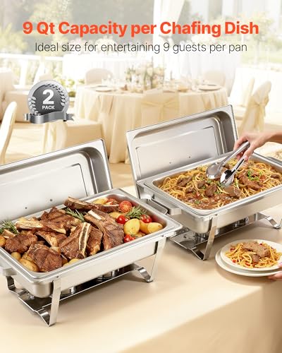 VEVOR Rectangle Chafing Dishes, 9 Qt 2 Pack Stainless Steel Chafing Dish, Food Warmer Chafer Complete Set with Hollow Handle, 1 Food Tongs, Lid, Canister Holder, Chafer Dishes for Banquet Wedding - size: 2 PACKS