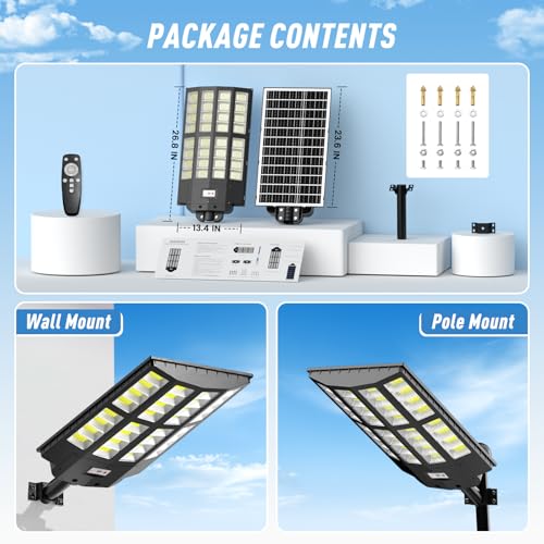 Solar Street Light 2 Pack, 9000W Solar Street Lights Outdoor Waterproof, Solar Parking Lot Lights with Remote Control & Motion Sensor, Pole or Wall Mount, for Commercial Yard Driveway Barn - size: M 2 PACK