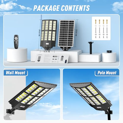 Solar Street Light 2 Pack, 9000W Solar Street Lights Outdoor Waterproof, Solar Parking Lot Lights with Remote Control & Motion Sensor, Pole or Wall Mount, for Commercial Yard Driveway Barn - size: M 2 PACK
