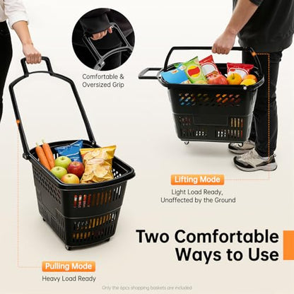 6 PCS Rolling Shopping Basket, 9 Gal Plastic Shopping Carts (Black) - color: Black