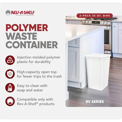 Rev-A-Shelf Double Pullout Garbage Trash Cans for Kitchen Cabinets, 35 Qt - color: White, style: 2 Pack