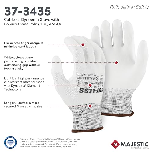 Majestic Cut-Less Dyneema Glove with Polyurethane Palm | 12 Pairs - XXL | 13 Gauge Liner, ANSI A3, Lightweight Comfort, Breathable, White/White | for Automotive, Industrial, Manufacturing | 37-3435 - size: XX-Large