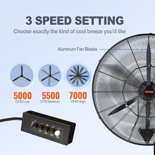VEVOR 24 Inch 3-Speed 7000 CFM Black Waterproof Wall Mount Oscillating Fan - size: 24 Inch, style: Waterproof