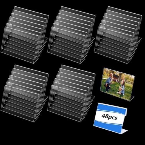 48 Pcs Small Acrylic Sign Holder 3.5"x2.4", Mini Acrylic Food Sign Labels for Party Buffet, Retail Price Display Holder, Clear Plastic Table Counter Top Stand for Place Cards, Name Card, Wedding Signs