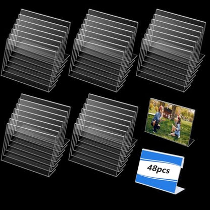 48 Pcs Small Acrylic Sign Holder 3.5"x2.4", Mini Acrylic Food Sign Labels for Party Buffet, Retail Price Display Holder, Clear Plastic Table Counter Top Stand for Place Cards, Name Card, Wedding Signs