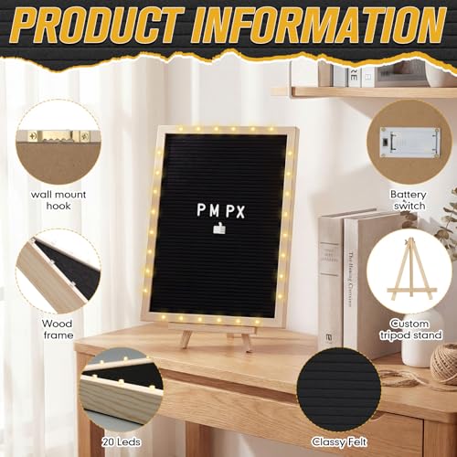 12 x 16 Inches Felt Letter Board & LED Light, Black, Natural Wood - color: Black, size: 12 x 16 Inches, style: Natural Wood