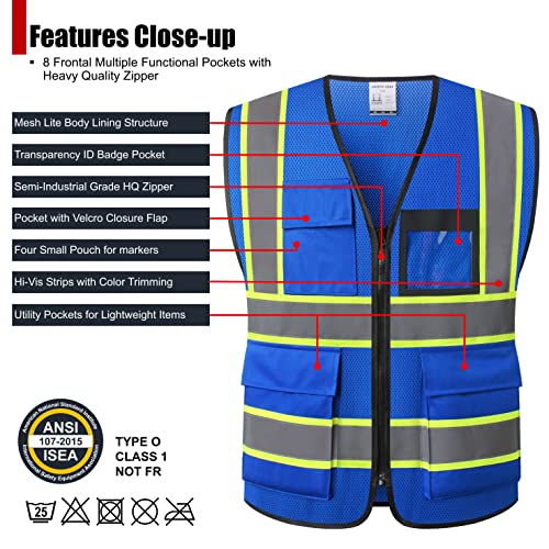 Reflective Safety Vest for Men Women Hi Vis Vest with 8 Pockets High Visibility Mesh Reflective Vest (Blue-07, Large) - color: Blue, size: Large
