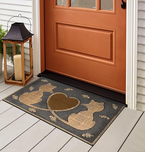 A1HC Rubber Welcome Doormat for Outdoor Indoor Entrance, Non-Slip Backing Front Door Mat for High Traffic Area Use, Fun Designed Entrymat, 18"x30" Twin Cats Heart Copper - color: Twin Cats Heart Copper