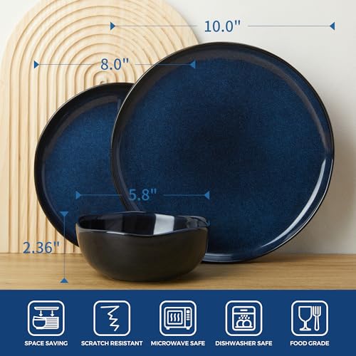 Pokini Stoneware Dinnerware Sets for 8, 24Pcs Ceramic Plates and Bowls Sets - color: Starry Blue, size: Set (24pcs)