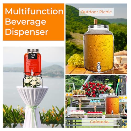 1 Pack 2 Gallon Glass Drink Dispensers with Stand, Ice Core, Spigot - size: 2 Gallon with Aluminum lid