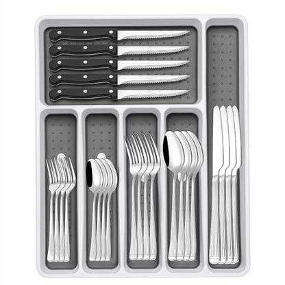 49-Piece Silverware Set with Organizer, Food-Grade Stainless Steel Flatware for 8, Cutlery Utensil Sets with Steak Knives, Rust-proof, Mirror Polished, Dishwasher Safe, Silver Roman Column - style: Roman Column - Silver