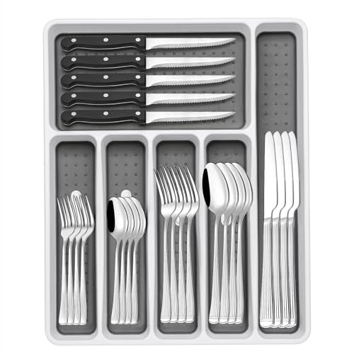 49-Piece Silverware Set with Organizer, Food-Grade Stainless Steel Flatware for 8, Cutlery Utensil Sets with Steak Knives, Rust-proof, Mirror Polished, Dishwasher Safe, Silver Roman Column - style: Roman Column - Silver