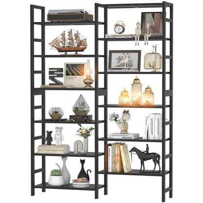 Homykic 72.5” Tall Bamboo Bookshelf Black, 6-Tier Double Wide Open Bookcase - color: Black, size: Double Wide