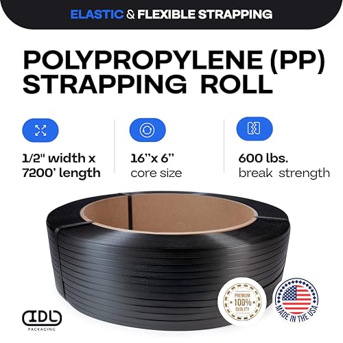 IDL Packaging 1/2" x 7200' Polypropylene (PP) Strapping Roll, USA-Made - size: 1/2" x 7200' (16x6" Core), 600 lbs BS