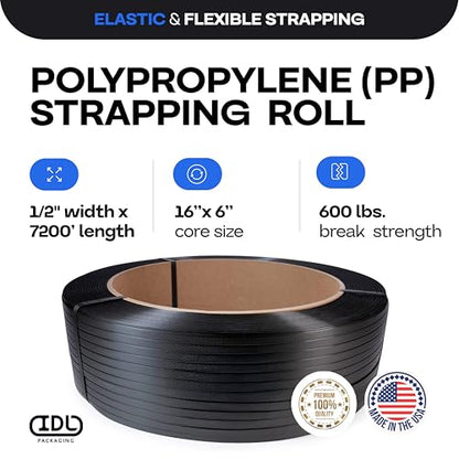 IDL Packaging 1/2" x 7200' Polypropylene (PP) Strapping Roll, USA-Made - size: 1/2" x 7200' (16x6" Core), 600 lbs BS