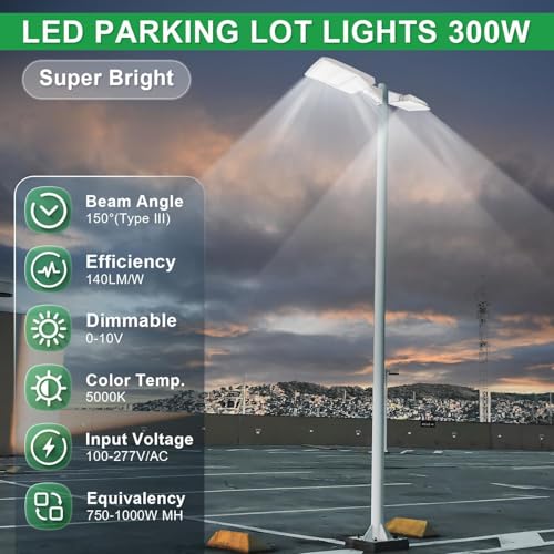 300W LED Parking Lot Light, 5000K 42000LM(140lm/w) LED Shoebox Area Light - Direct Arm Mount, Dimmable Commercial Street Lighting, Surge Protection Built-in, AC100-277V UL Listed - color: Direct Arm Mount, size: 300W(100-277V)